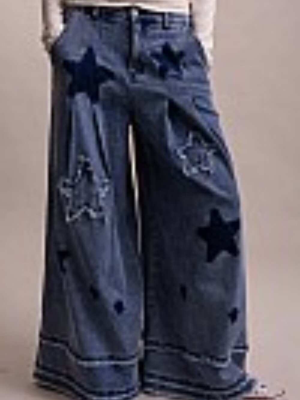 STAR PATCH WIDE LEG STRETCHY DENIM PANTS